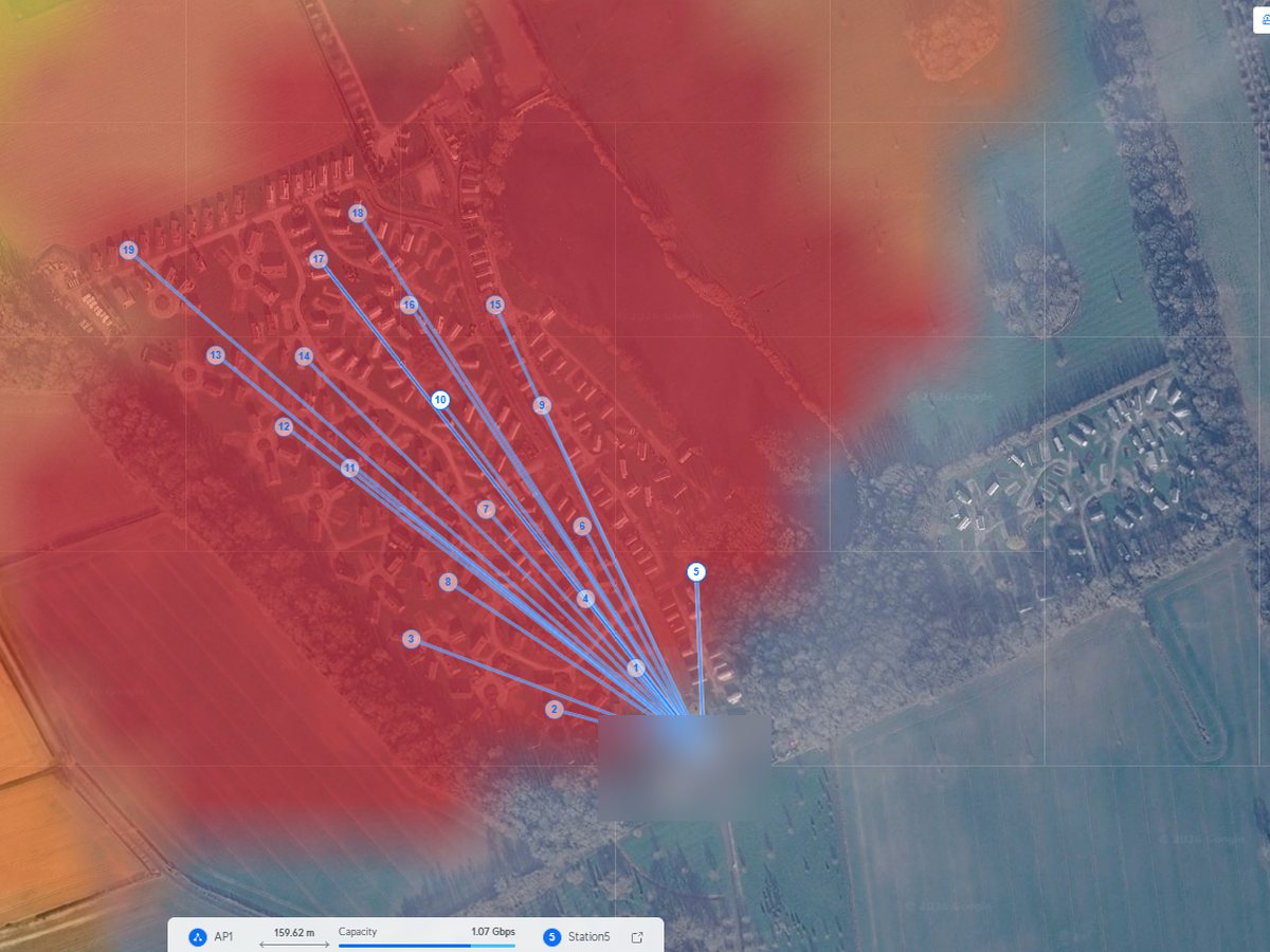 Outdoor wireless network planning showing coverage across a large site